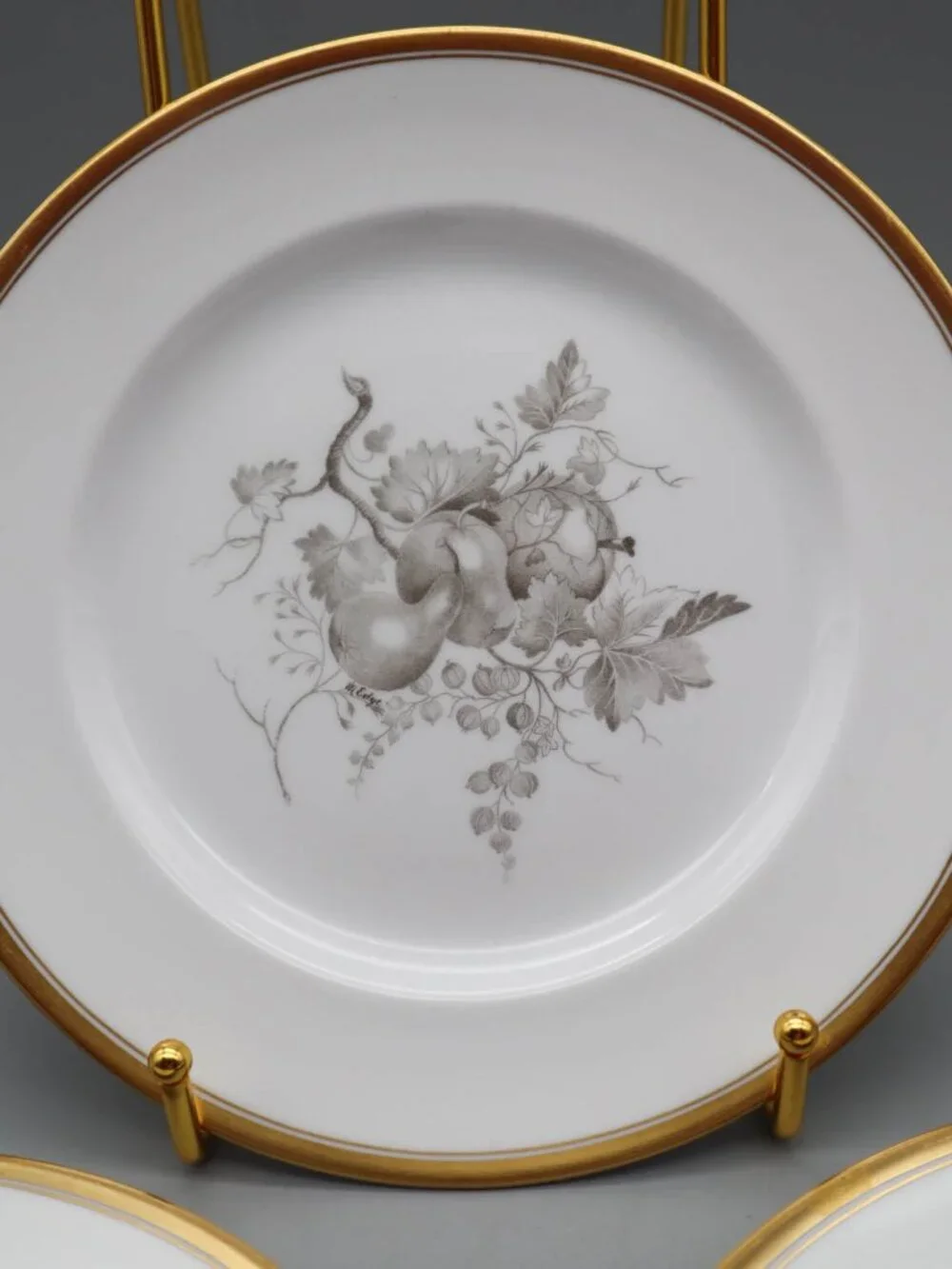 3 Vtg Spode Period 1810 Chatham Bone China Salad Plates Fruit Pattern Gold Trim
